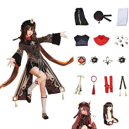 Hu Tao Cosplay Kostüme mit Perücken für Genshin Impact Figuren Kawaii Game Character Cosplays Outfits Set für Halloween Karneval Party Dress Up Uniform Anzüge Geschenke für Frauen (L) von CosDance