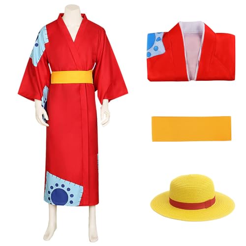 Männer One Piece Anime Cosplay Kostüm für luffy Charakter Uniform Erwachsene Kimono Robe Anzüge mit Hut Rote Tops Umhang Outfits Komplettes Set Dress Up Anzug Halloween Stuff Party Geschenke (L) von CosDance