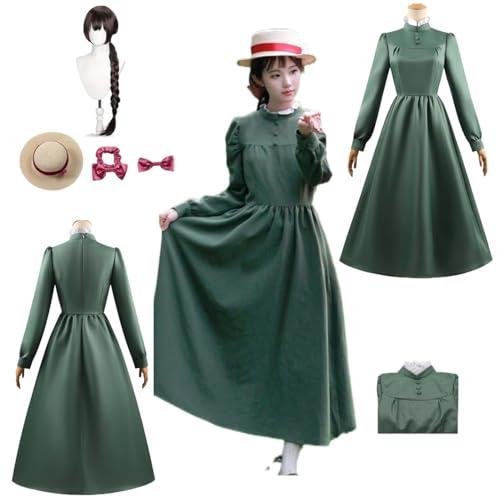 Anime Das wandelnde Schloss Sophie Cosplay Kostüm mit Perücke Hut Grünes Kleid Accessoires Mädchen Frauen Erwachsene Kinder Outfit Halloween Karneval Rollenspiel Party Anzug Kimono von CosDogs
