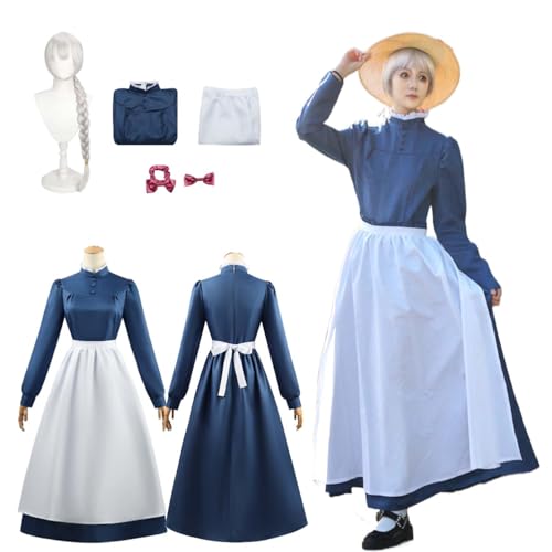 CosDogs Anime Das wandelnde Schloss Sophie Cosplay Kostüm mit Perücke Blaues Dienstmädchenkleid Damen Erwachsene Mädchen Kinder Outfit Halloween Karneval Rollenspiel Party Anzug Kimono von CosDogs