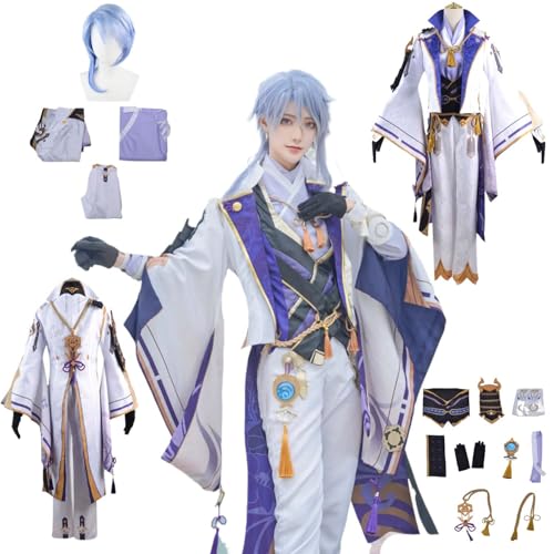 CosDogs Anime Genshin Impact Kamisato Ayato Cosplay Kostüm mit Perücke Mantel Hose Zubehör Herren Damen Erwachsene Kinder Outfit Halloween Karneval Kleid Rollenspielanzug von CosDogs