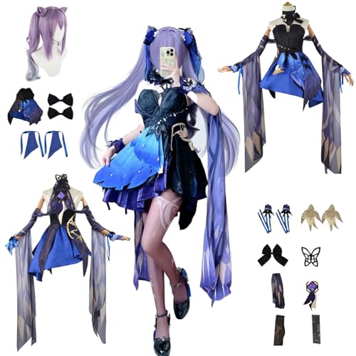 CosDogs Anime Genshin Impact Keqing Cosplay Kostüm mit Perücke Kopfschmuck Schleife Zubehör Herren Damen Erwachsene Kinder Outfit Halloween Karneval Kleid Rollenspielanzug von CosDogs