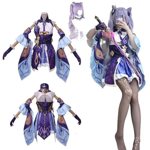 CosDogs Anime Genshin Impact Keqing Cosplay Kostüm mit Perücke Lila Kleid Kopfschmuck Accessoires Herren Damen Erwachsene Kinder Outfit Halloween Karneval Kleid Rollenspielanzug von CosDogs