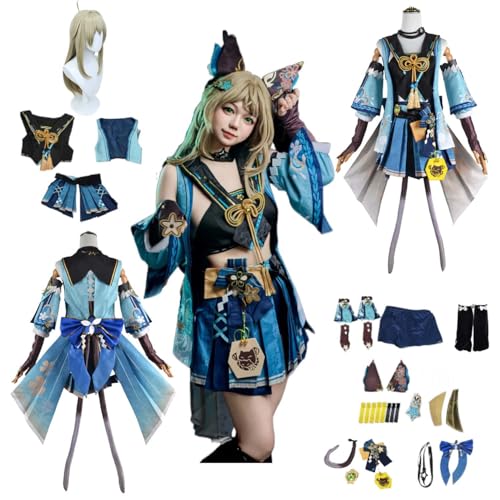 CosDogs Anime Genshin Impact Kirara Cosplay Kostüm mit Perücke Schwanz Kopfschmuck Zubehör Herren Damen Kinder Outfit Halloween Karneval Kleid Rollenspielanzu von CosDogs