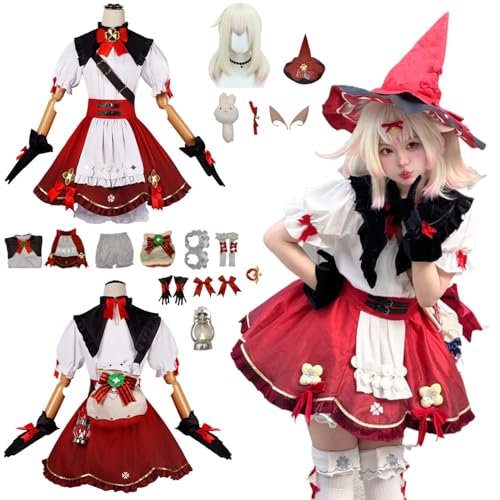 CosDogs Anime Genshin Impact Klee Cosplay Kostüm mit Perücke Hut Licht Tasche Zubehör Herren Damen Erwachsene Kinder Outfit Halloween Karneval Kleid Rollenspielanzug von CosDogs