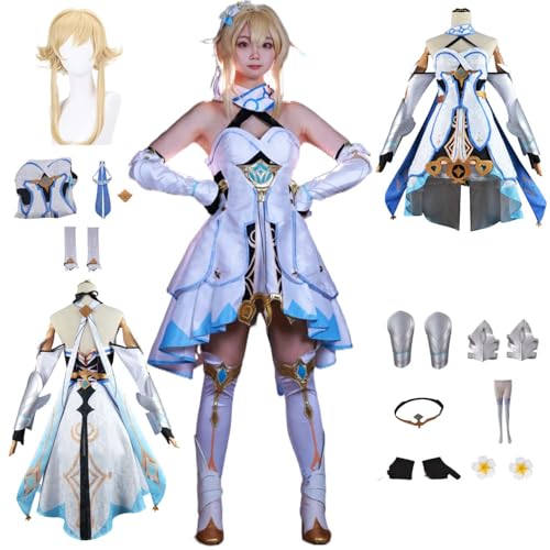 CosDogs Anime Genshin Impact Lumine Cosplay Kostüm mit Perücke Kleid Kopfschmuck Zubehör Frauen Erwachsene Mädchen Kinder Outfit Halloween Karneval Weihnachtsfeier Vollständiges Set Kleid von CosDogs