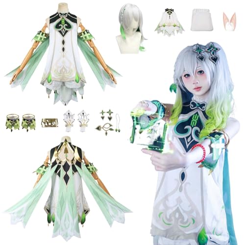 CosDogs Anime Genshin Impact Nahida Cosplay Kostüm mit Perücke Elfenohren Kopfschmuck Armband Zubehör Herren Damen Kinder Outfit Halloween Karneval Kleid Rollenspielanzug von CosDogs