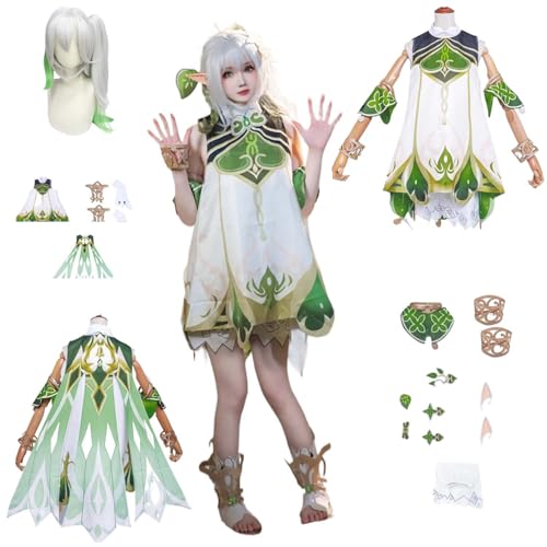 CosDogs Anime Genshin Impact Nahida Cosplay Kostüm mit Perücke Umhang Elfenohren Kopfschmuck Zubehör Herren Damen Unisex Kinder Outfit Halloween Karneval Komplettkleid Rollenspielanzug von CosDogs