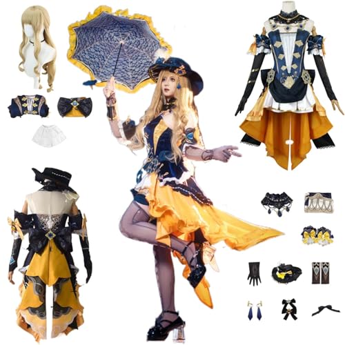 CosDogs Anime Genshin Impact Navia Caspar Cosplay-Kostüm mit Perücke Hut Halsschmuck Accessoires Herren Damen Erwachsene Kinder Halloween Karneval Rollenspiel von CosDogs