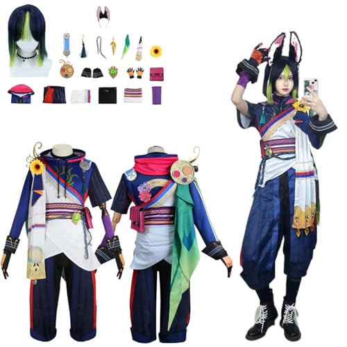 CosDogs Anime Genshin Impact Tighnari Cosplay Kostüm mit Perücke Kaninchen Stirnband Zubehör Herren Damen Unisex Kinder Outfit Halloween Karneval Rollenspiel Uniform kompletter Anzug von CosDogs