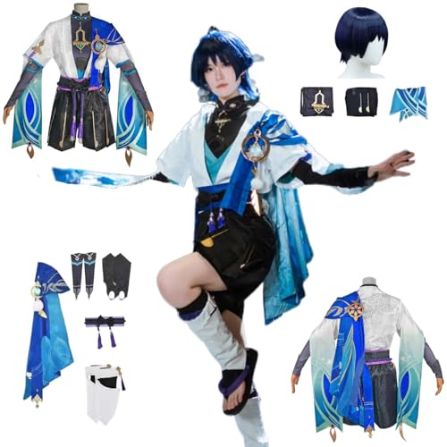 CosDogs Anime Genshin Impact Wanderer Scaramouche Cosplay Kostüm mit Perücke Mantel Herren Damen Erwachsene Kinder Outfit Halloween Karneval Rollenspiel Komplettset Anzug von CosDogs