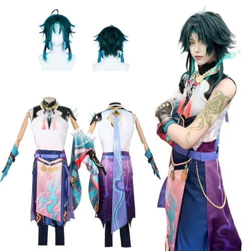 CosDogs Anime Genshin Impact Xiao Cosplay Kostüm mit Perücke Halskette Herren Damen Erwachsene Kinder Unisex Outfit Halloween Karneval Weihnachtsfeier Komplettset Rollenspielanzug von CosDogs