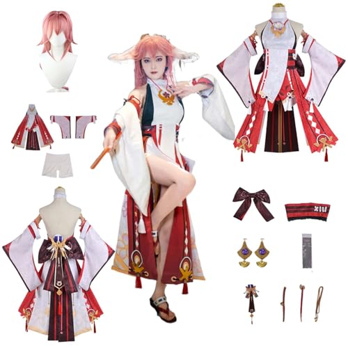 CosDogs Anime Genshin Impact Yae Miko Cosplay Kostüm mit Perücke Kopfschmuck Ohrringen Zubehör Herren Damen Kinder Outfit Halloween Karneval Kleid Rollenspielanzug von CosDogs