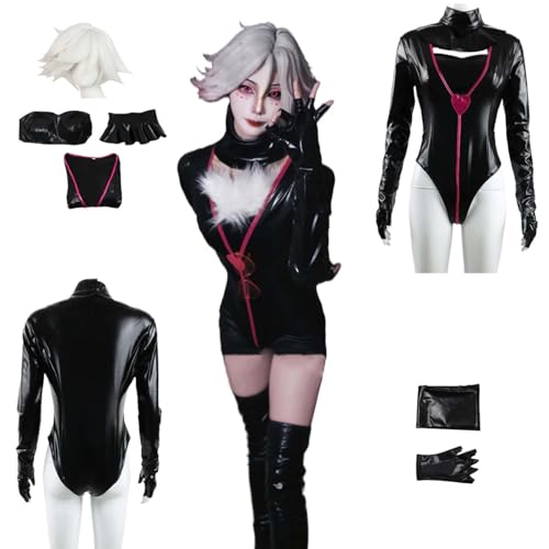 CosDogs Anime Hazbin Hotel Angel Dust Cosplay Kostüm mit Perücke Schwarzer Bodysuit Zubehör Herren Damen Erwachsene Kinder Outfit Halloween Rollenspiel Karneval Kleid Kimono Anzug von CosDogs