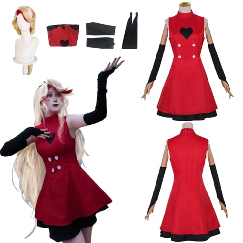 CosDogs Anime Hazbin Hotel Charlie Morningstar Cosplay Kostüm mit Perücke Rotes Kleid Accessoires Herren Damen Erwachsene Kinder Outfit Halloween Rollenspiel Karneval Party Kimono Anzug von CosDogs