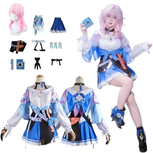 CosDogs Anime Honkai Star Rail 7. März Cosplay Kostüm mit Perücke Blaues Kleid Zubehör Herren Damen Unisex Mädchen Kinder Outfit Halloween Karneval Weihnachtsfeier Rollenspiel Komplettanzug von CosDogs