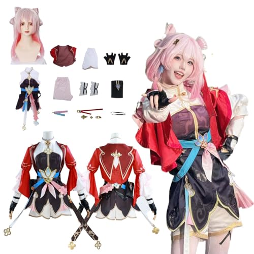 CosDogs Anime Honkai Star Rail 7. März Cosplay Kostüm mit Perücke Roter Mantel Zubehör Herren Damen Unisex Mädchen Kinder Outfit Halloween Karneval Weihnachtsfeier Rollenspiel Kompletter Kleidanzug von CosDogs