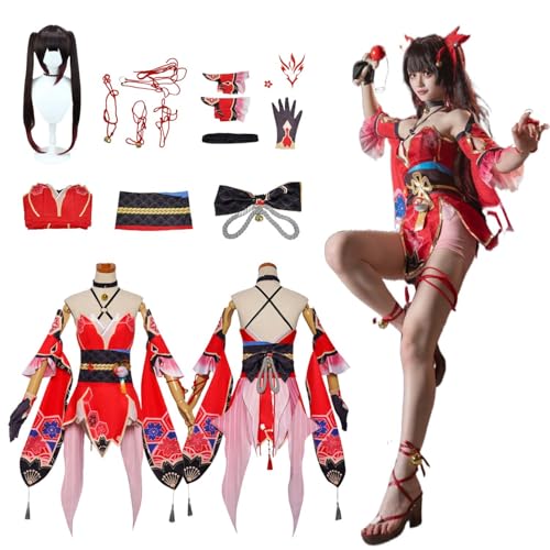 CosDogs Anime Honkai Star Rail Sparkle Cosplay Kostüm mit Perücke Rotes Kleid Zubehör Herren Damen Unisex Mädchen Kinder Outfit Halloween Karneval Weihnachtsfeier Rollenspiel Komplettset Anzug von CosDogs