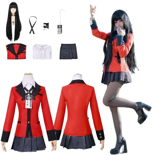 CosDogs Anime Kakegurui Jabami Yumeko Cosplay Kostüm mit Perücke Abzeichen Roter Mantel Zubehör Herren Damen Unisex Kinder Outfit Halloween Karneval Weihnachtsfeier Rollenspiel Uniform Komplettanzug von CosDogs