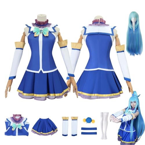 CosDogs Anime KonoSuba God's Blessing On This Wonderful World Aqua Cosplay Kostüm mit Perücke Blaues Kleid Accessoires Damen Herren Kinder Outfit Halloween Karneval Kleid Jumpsuit Kimono von CosDogs