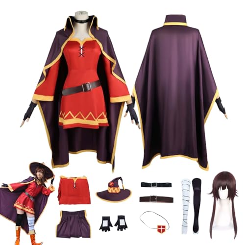 CosDogs Anime KonoSuba God's Blessing On This Wonderful World Megumin Cosplay Kostüm mit Perücke Rotes Kleid Accessoires Damen Herren Kinder Outfit Halloween Karneval Kleid Jumpsuit Kimono von CosDogs