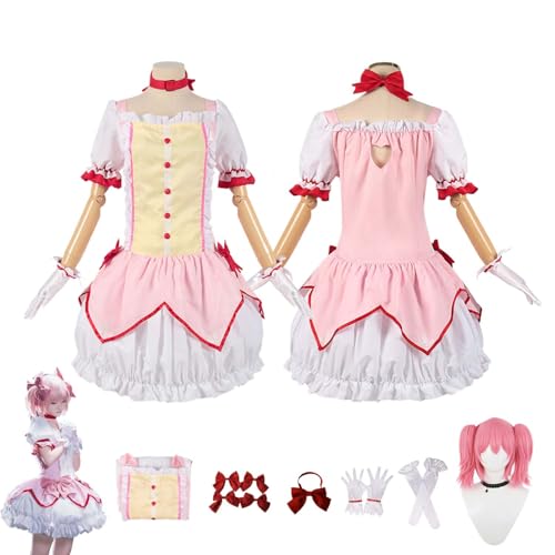 CosDogs Anime Puella Magi Madoka Magica Kaname Madoka Cosplay Kostüm mit Perücke Rosa Kleid Zubehör Damen Herren Kinder Outfit Halloween Karneval Kleid Kimono Anzug von CosDogs