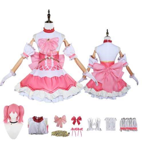 CosDogs Anime Puella Magi Madoka Magica Kaname Madoka Cosplay Kostüm mit Perücke Rosa Weiß Kleid Zubehör Frauen Männer Kinder Outfit Halloween Karneval Kimono Anzug von CosDogs