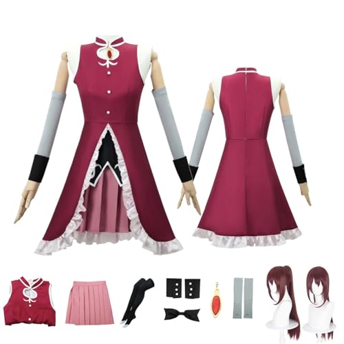 CosDogs Anime Puella Magi Madoka Magica Sakura Kyouko Cosplay Kostüm mit Perücke Rotes Kleid Zubehör Damen Herren Kinder Outfit Halloween Karneval Kleid Kimono Anzug von CosDogs