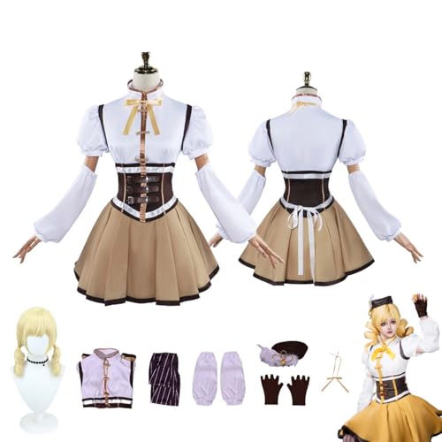 CosDogs Anime Puella Magi Madoka Magica Tomoe Mami Cosplay Kostüm mit Perücke Weiß Orange Rock Accessoires Damen Herren Kinder Outfit Halloween Karneval Kleid Kimono Anzug von CosDogs
