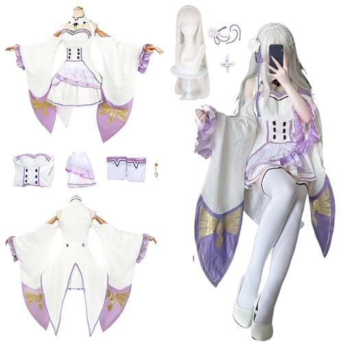 CosDogs Anime Re: Life in A Different World from Zero Emilia Cosplay Kostüm mit Perücke Kopfschmuck Accessoires Damen Herren Kinder Halloween Karneval Kimono von CosDogs
