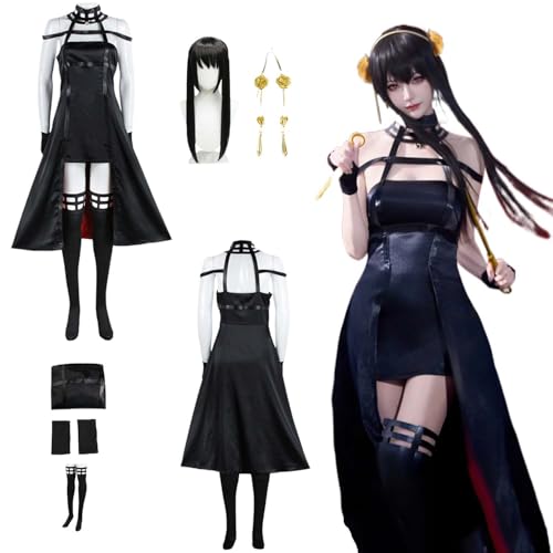 CosDogs Anime SPY×FAMILY Yor Forger Cosplay Kostüm Perücke Ohrringe Kopfschmuck Accessoires Damen Herren Kinder Mädchen Outfit Halloween Karneval Weihnachtsfeier Komplett Schwarzes Kleid Kimono Anzug von CosDogs
