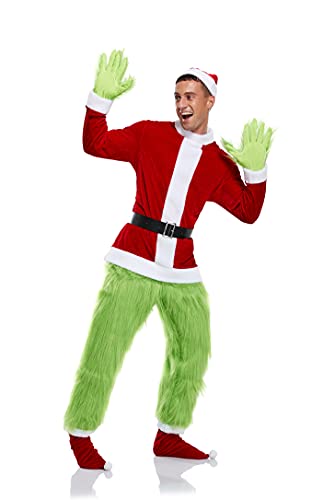 Grünes Monster Pelzkostüm, Deluxe, 6-teilig, Weihnachtsmann-Anzug, Pullover, pelzige Hose, Set für Erwachsene, Cosplay-Outfits, Größe M von CosIdol