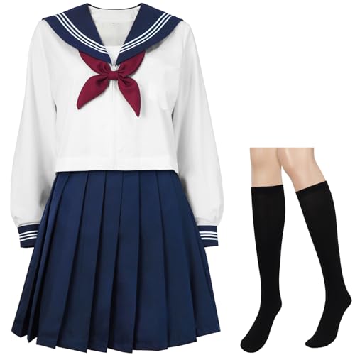 Damen Kostüme Kawaii Japanischer Matrosenanzug Schulmädchen JK Uniform für Cosplay, Schwarz, Grau mit rotem Gürtel und weißen Stiefeln, M von CosInStyle