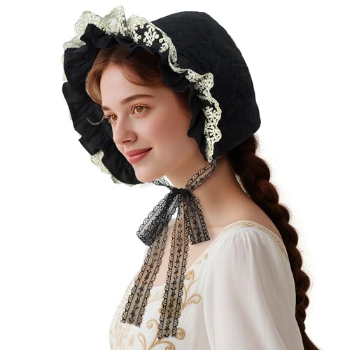 Damen Pioneer Bonnet - Kolonial Bauer Amish Hut Prärie Cap Nightcap Maid Cosplay Kostüm Zubehör (Stil C-Schwarz) von CosInStyle