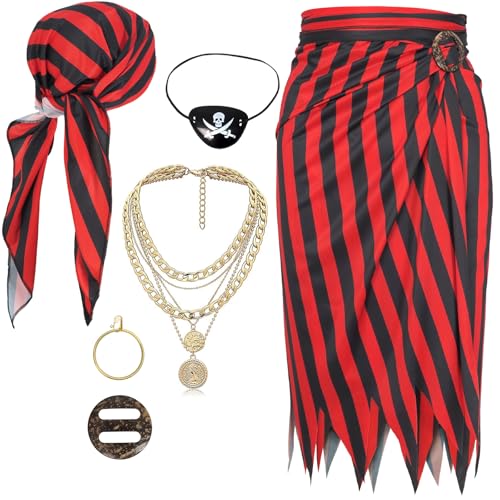 Piratenkostüm-Zubehör-Set für Damen, Kopftuch, Wickelmütze, Schärpe, Gürtel, Cosplay-Outfit mit Edelstahl-Ohrring-Halskette (Stil F) von CosInStyle