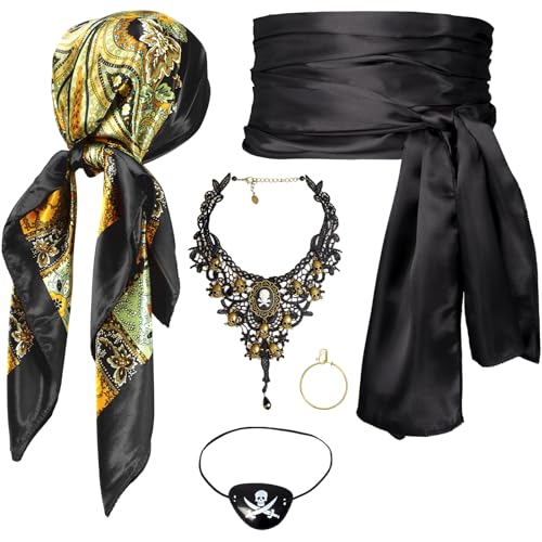 Piratenkostüm-Zubehör-Set für Damen, Kopftuch, Wickelmütze, Schärpe, Gürtel, Cosplay-Outfit mit Edelstahl-Ohrring-Halskette (schwarzes Piraten-Set mit Spitzen-Schädel-Halskette) von CosInStyle