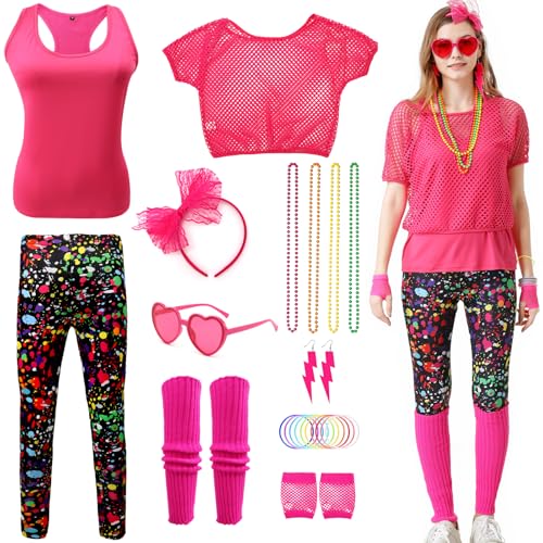 80er 90er Jahre Outfit Damen, 80iger Damen Kostüm Set Netzshirt, Tank top, Leggings, Beinwärmer, Ohrring, Halskette, Armband, Netzhandschuhe, 80er Jahre Neon Mottoparty Kleidung mit Accessoires 80er 90er Jahre Outfit Damen, 80iger Damen Kostüm Set Netzshirt, Tank top, Leggings, Beinwärmer, Ohrring, Halskette, Armband, Netzhandschuhe, 80er Jahre Neon Mottoparty Kleidung mit Accessoires von Coseaon