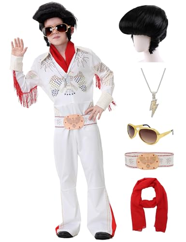 Coseaon 70er jahre Disco Outfits Kinder 70s Rocksängerin Kostüm Jungen Mädchen Halloween Verkleidung Jumpsuit mit Perücke Sonnenbrille Schal Halskette (9-10 Jahre) von Coseaon