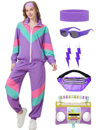 Coseaon 80er 90er Jahre Outfit Damen Trainingsanzug Jacke Hose Anzug 80er Retro Kleidung Accessoire 80s Kostüm Halloween Karneval Party (Lila, M) von Coseaon