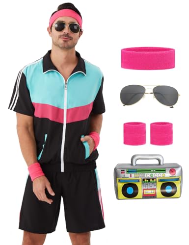 Coseaon 80er 90er Jahre Outfit für Herren Trainingsanzug Shorts Set Herren 80s 90s Retro Jacke Outfits Kostüm für Party, Schwarz, M von Coseaon