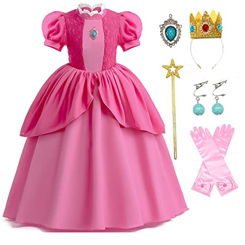 Coseaon Peach Kostüm Mädchen Peach Prinzessin Costume Kleider Kinder Peach Cosplay Set mit Krone Peach Dress fur Halloween Weihnachten Karneval Verkleidung (Rosa, 120) von Coseaon