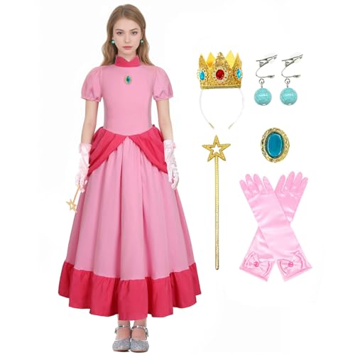 Coseaon Prinzessin Peach Kostüm Damen Peach Cosplay Costume Rosa Peach Kleid Set mit Krone Handschuhe Zauberstab, Peach Dress for Erwachsene Halloween Weihnachten Karneval Verkleidung (3XL) von Coseaon