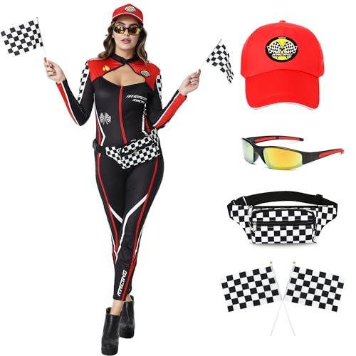 Coseaon Rennfahrer Kostüm Damen, 6Pcs Rennwagen Kostüm Frauen Set, Sexy Rennwagen Fahrer Halloween Kostüme Frauen (Black, L) von Coseaon
