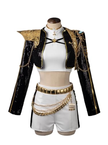 Cosfun Rumi Cosplay-Kostüm für Damen, schwarz, goldene Jacke, Oberteil, Shorts, komplettes Set, Tanzuniform, Outfits, Größe XS von Cosfun