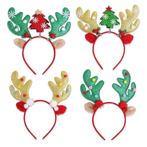 Cosiesnest 4 Stück Weihnachts-Stirnbänder glitzernden Rentiergeweihen, roter Weihnachts-Haarreif für Kinder und Erwachsene, Dekoration für Weihnachtsfeiern, Kostüm-Kopfbedeckung und Foto-Requisite von Cosiesnest