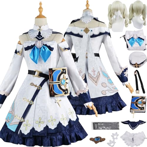 Cosimfy Anime Genshin Impact Barbara Cosplay Kostüm Outfit Spiel Rolle Varesa Furina Focalors Cosplay Uniform Set Halloween Karneval Party Dress Up Anzug mit Perücke Hut Kleid für Frauen (L) von Cosimfy