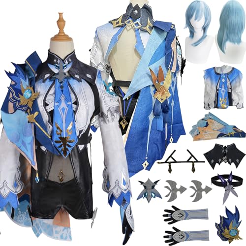 Cosimfy Anime Genshin Impact Eula Cosplay Kostüm Outfit Spiel Rolle Varesa Furina Focalors Cosplay Uniform Set Halloween Karneval Party Dress Up Anzug mit Perücke Overalls Kragen für Frauen (XS) von Cosimfy