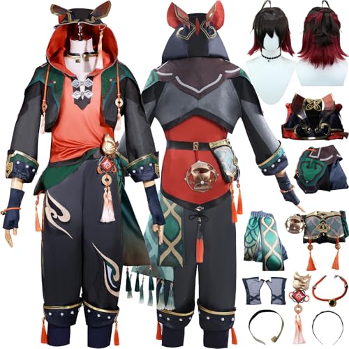 Cosimfy Anime Genshin Impact Gaming Cosplay Kostüm Outfit Spiel Rolle Kinich Ifa Cosplay Uniform Komplettes Set Halloween Karneval Party Dress Up Anzug mit Perücke Mantel Hose für Männer (XS) von Cosimfy
