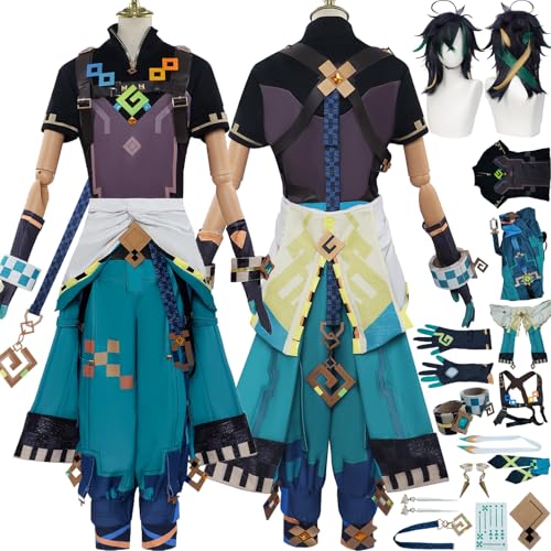 Cosimfy Anime Genshin Impact Kinich Cosplay Kostüm Outfit Spiel Rolle Ifa Tartaglia Uniform Komplettes Set Halloween Karneval Party Dress Up Anzug mit Perücke Jacke Hosen für Männer (M) von Cosimfy