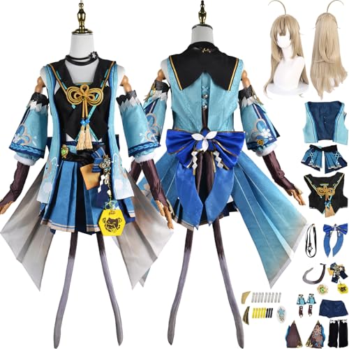 Cosimfy Anime Genshin Impact Kirara Cosplay Kostüm Outfit Spiel Rolle Varesa Furina Focalors Cosplay Uniform Set Halloween Karneval Party Dress Up Anzug mit Perücke Schwanz Rock für Frauen (L) von Cosimfy